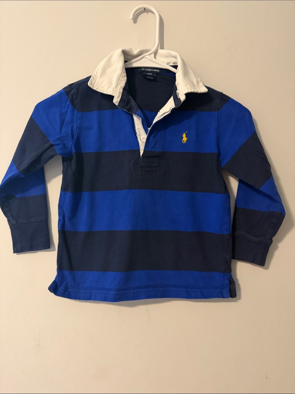 Ralph Lauren Boys Blue & Navy Striped Rugby Polo with White Collar